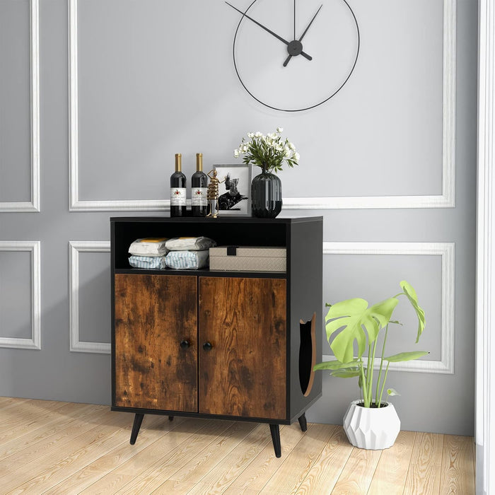 Mobile per Lettiera per Gatti, Casetta per Gatti con Ingresso, Gambe Inclinate e Scomparto Aperto, Tavolino in Legno Versatile per Salotto, 60 x 45 x 75 cm, Marrone e Nero