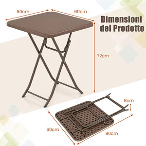 Tavolino Pieghevole Quadrato 60 cm, Tavolo da Pranzo per Interni ed Esterni con Piano in Rattan, Maniglia per Trasporto, Tavolo da Picnic per 4 Persone, Portata 50 kg