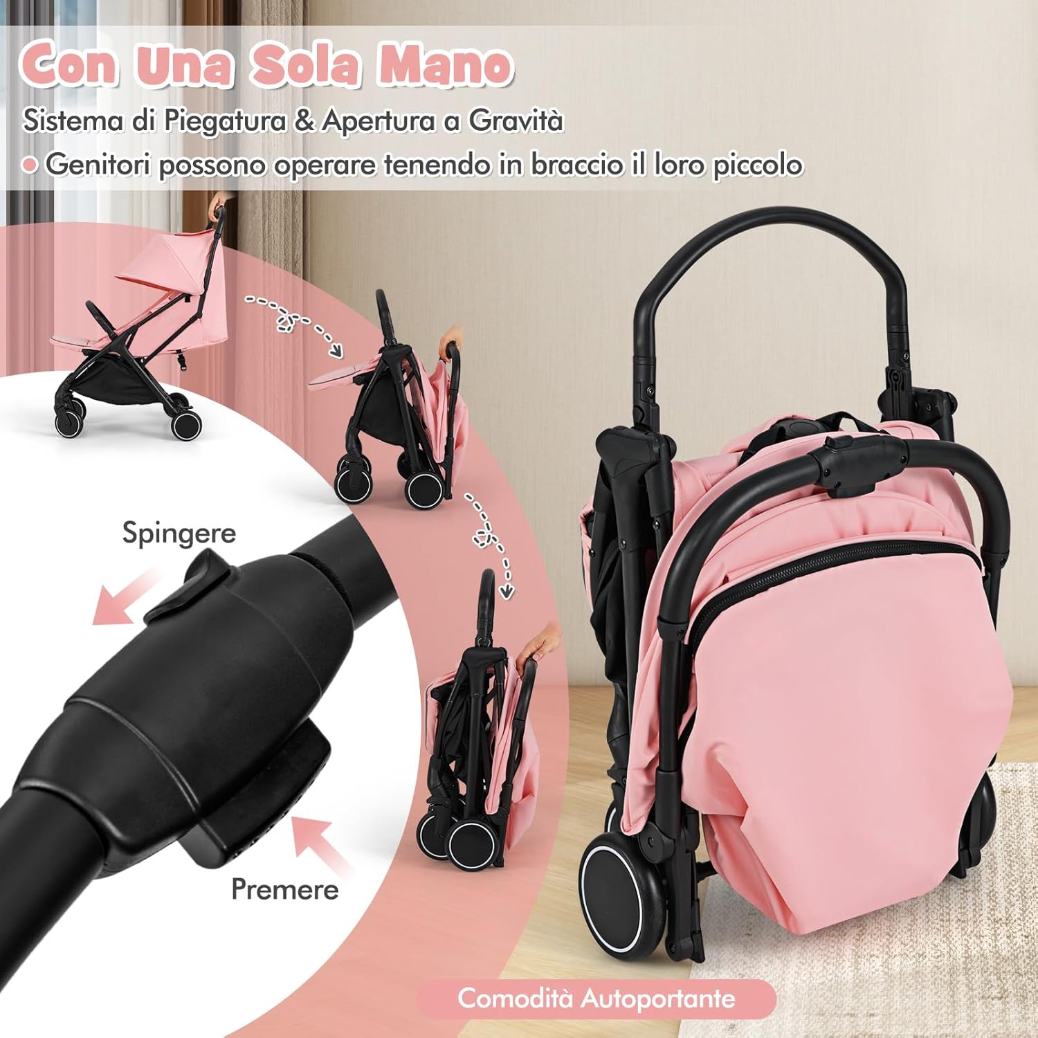 Passeggino Leggero per Bambini, Passeggino da Viaggio con Schienale Regolabile, Passeggino Portatile per Bambini con Schienale Reclinabile e Cappotta Regolabile, per Bambini 0-3 Anni (Rosa)