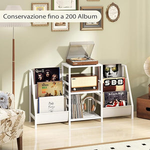 Supporto per Giradischi per Vinili, Porta Giradischi Vinili Fino a 200 Album con 3 Ripiani, 6 Tasche di Archiviazione e Struttura in Metallo, per Casa Studio e Caffè, 125x30x69 cm (Bianco)