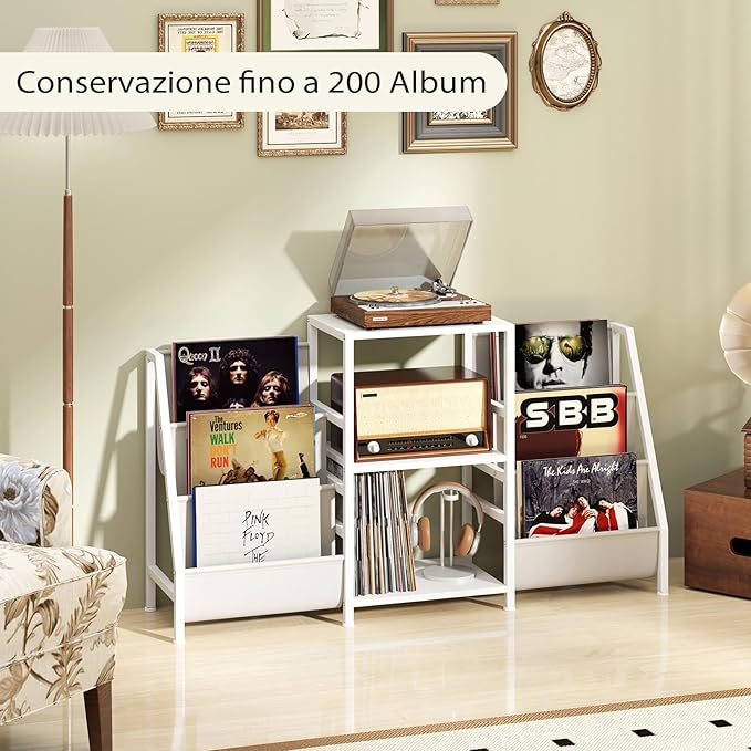 Supporto per Giradischi per Vinili, Porta Giradischi Vinili Fino a 200 Album con 3 Ripiani, 6 Tasche di Archiviazione e Struttura in Metallo, per Casa Studio e Caffè, 125x30x69 cm (Bianco)