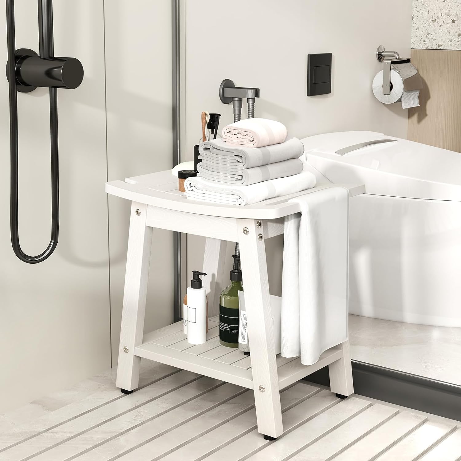 Sgabello da Doccia 41 x 31,5 x 43,5 cm, Mobile bagno in HIPS con Maniglia, Supporto per Soffione e Portasapone, Sedia da Doccia Impermeabile per Bagno, Spa e Vasca