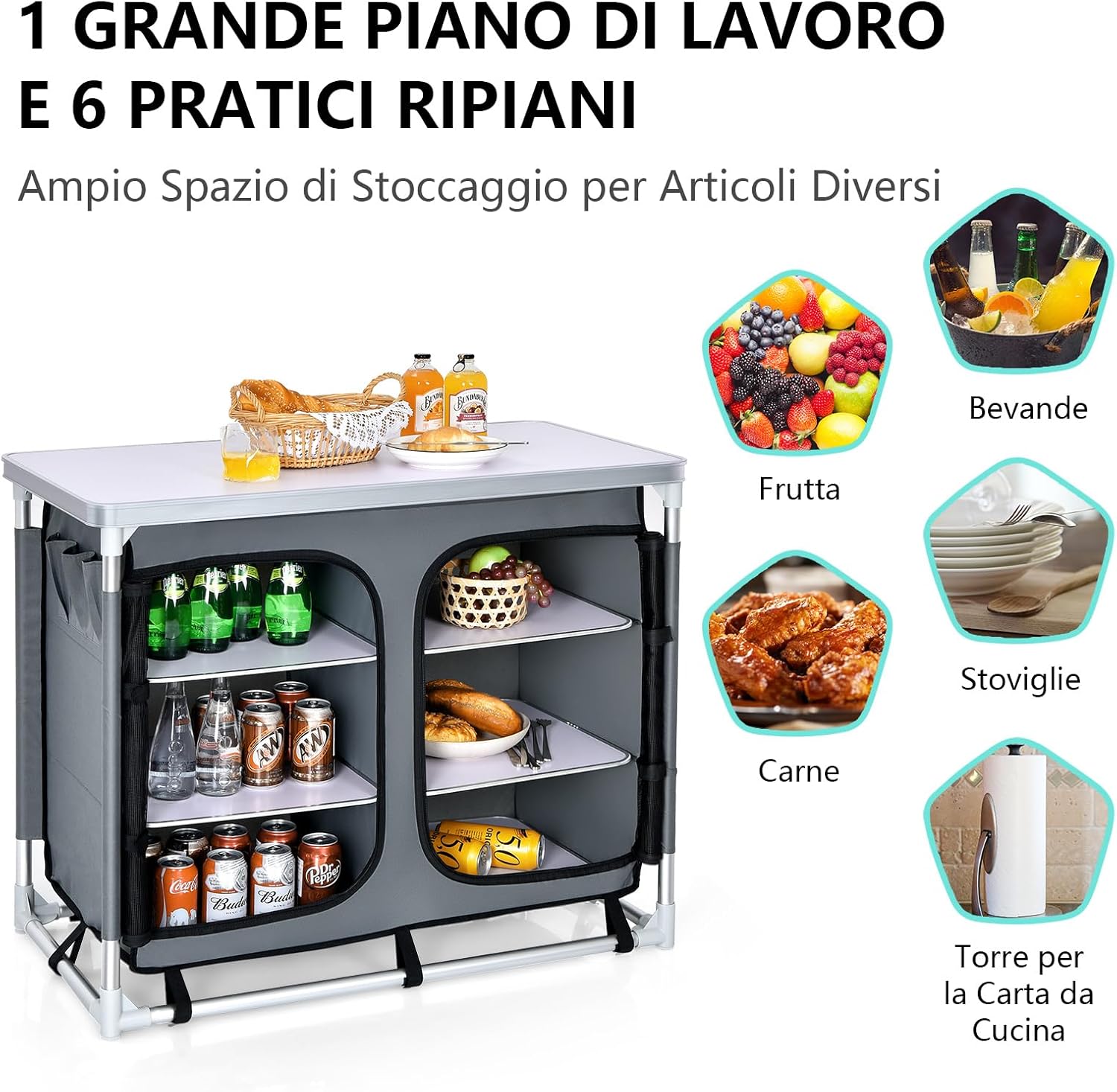 Cucina Portatile Cucina per Esterno Tavolo da Campeggio Pieghevole, Tavolo per Griglia in Alluminio, con Contenitori, per Festa Griglia e Campeggio (Grigio)