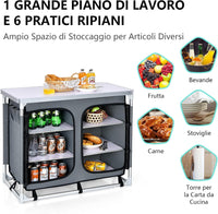 Cucina Portatile Cucina per Esterno Tavolo da Campeggio Pieghevole, Tavolo per Griglia in Alluminio, con Contenitori, per Festa Griglia e Campeggio (Grigio)