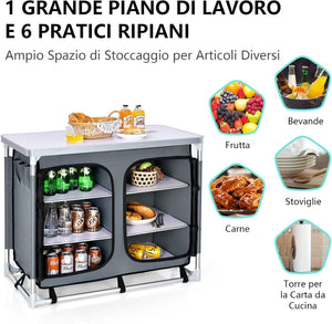 Cucina Portatile Cucina per Esterno Tavolo da Campeggio Pieghevole, Tavolo per Griglia in Alluminio, con Contenitori, per Festa Griglia e Campeggio (Grigio)