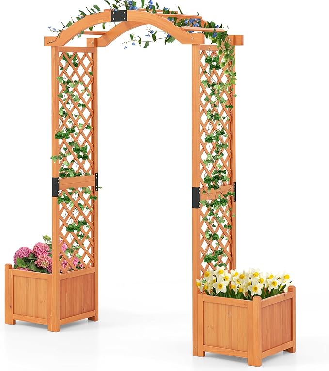 Arco da Giardino in Legno con Fioriere, Graticcio Arcuato Alto 200 cm per Piante Rampicanti, Verdure e Fiori, Pergolato da Esterno per Decorazione Cerimonia di Festa