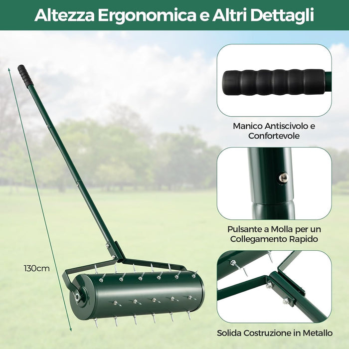 Arieggiatore Giardino 44/53 CM, Arieggiatore da Prato con Manico Rimovibile e Punte per Allentamento del Terreno, Arieggiatore Manuale per Prato, Giardino e Cortile (44 x 128 cm Verde)