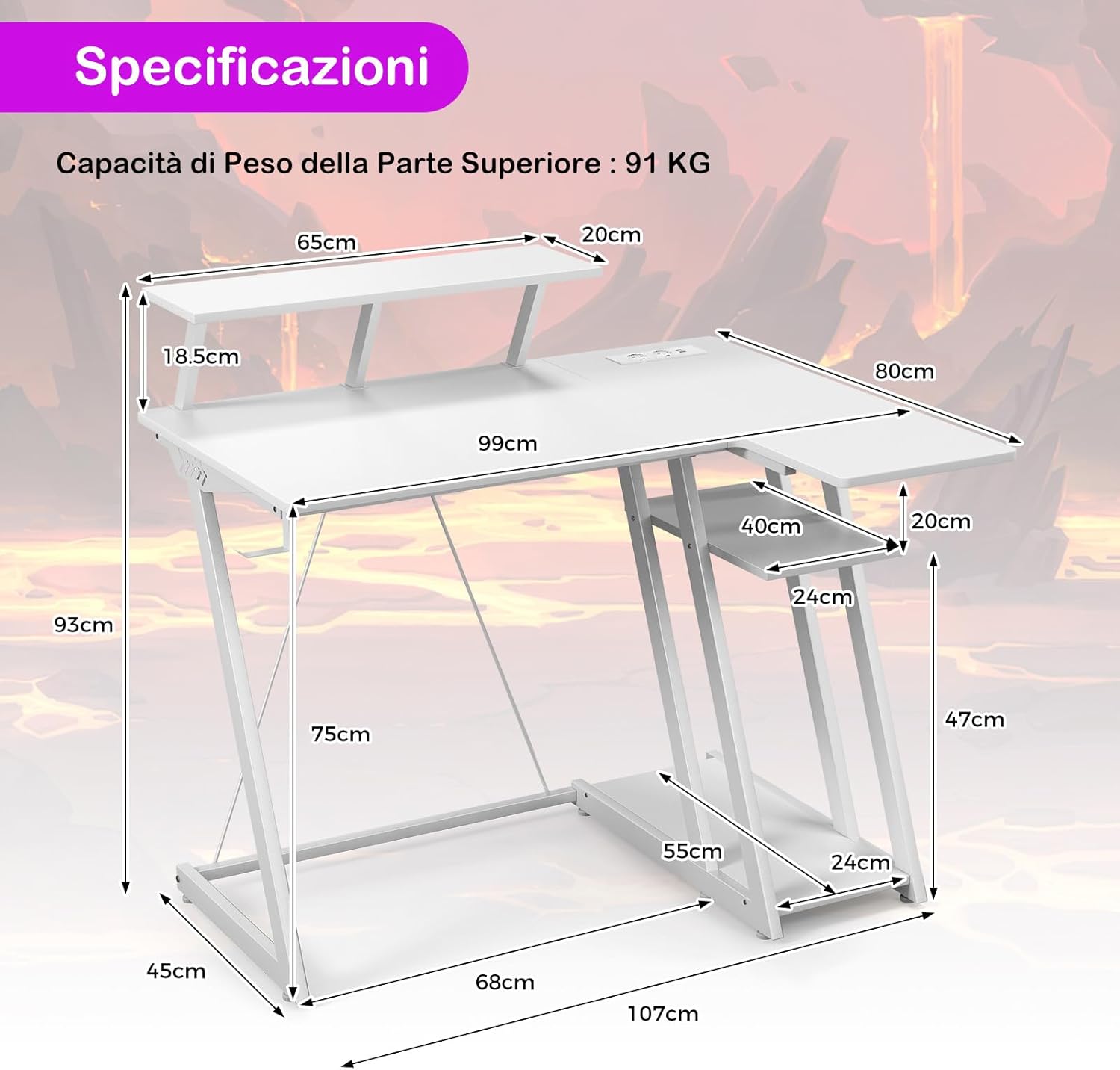 Scrivania Angolare Salvaspazio, Scrivania da Gaming con Prese, Porte USB, Ripiano per Monitor, Gancio per Cuffie, Ripiano e Supporto per CPU, Scrivania ad Angolo per Casa e Ufficio (Bianco)