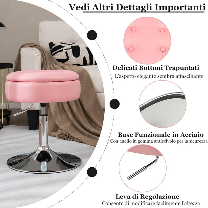 Sgabello Girevole Altezza Regolabile con Portaoggetti, Poggiapiedi Sgabelli da Trucco, Tavolino da Caffè, Sgabello da Lavoro Rotondo in Finta Pelle per Bar, Ufficio, Soggiorno, Camera (Rosa)