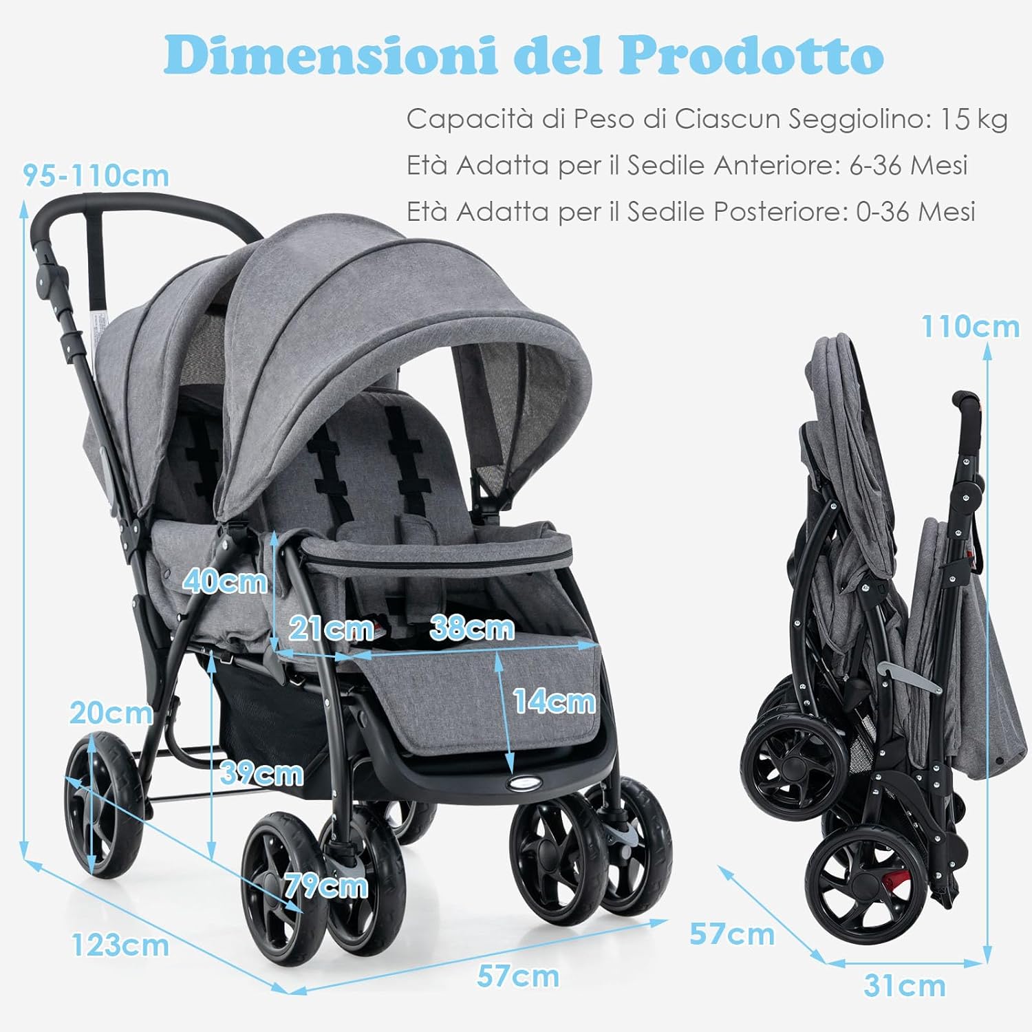 Passeggino Doppio Pieghevole per Bambini, Passeggino Gemellare Pieghevole, con Seduta in Tandem e Tettuccio, Schienale Regolabile, Ruote Bloccabili e Antiurto, Portata Totale 30 kg (Grigio)
