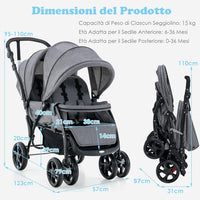 Passeggino Doppio Pieghevole per Bambini, Passeggino Gemellare Pieghevole, con Seduta in Tandem e Tettuccio, Schienale Regolabile, Ruote Bloccabili e Antiurto, Portata Totale 30 kg (Grigio)