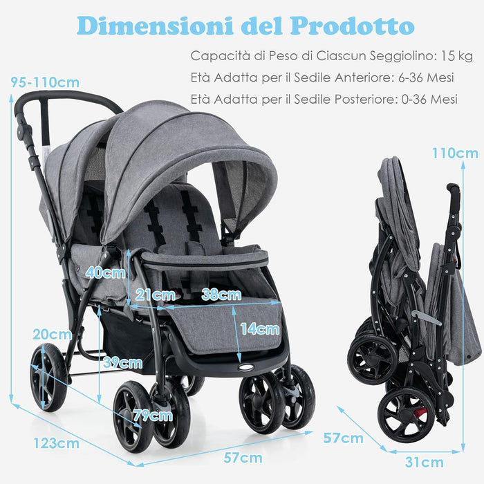 Passeggino Doppio Pieghevole per Bambini, Passeggino Gemellare Pieghevole, con Seduta in Tandem e Tettuccio, Schienale Regolabile, Ruote Bloccabili e Antiurto, Portata Totale 30 kg (Grigio)