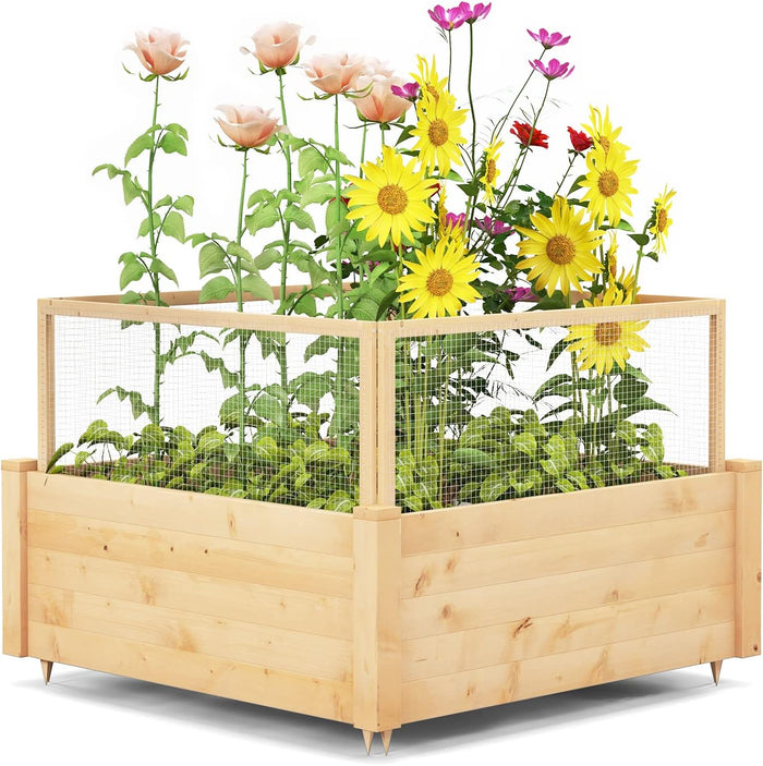Fioriere Rialzate con Recinto Anti-Animali e Griglia di Coltivazione, Letto da Giardino Rialzato per Coltivazione di Fiori, Verdure, Frutta ed Erbe, 107 x 107 x 70cm