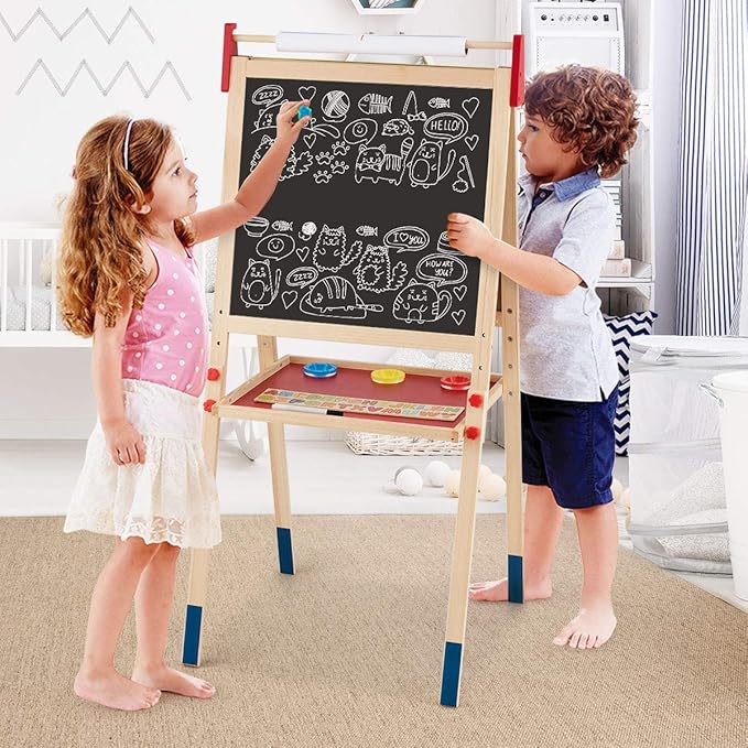 Cavalletto per Bambini 3 in 1, Lavagna Bifacciale, Cavalletto per Disegnare, con Rotolo di Carta, Lavagna Bianca Magnetica, Accessori Completi, in Legno (60x55x(112,5-124,5) cm)