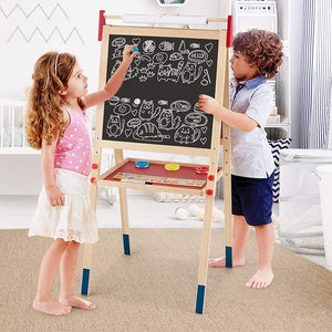 Cavalletto per Bambini 3 in 1, Lavagna Bifacciale, Cavalletto per Disegnare, con Rotolo di Carta, Lavagna Bianca Magnetica, Accessori Completi, in Legno (60x55x(112,5-124,5) cm)