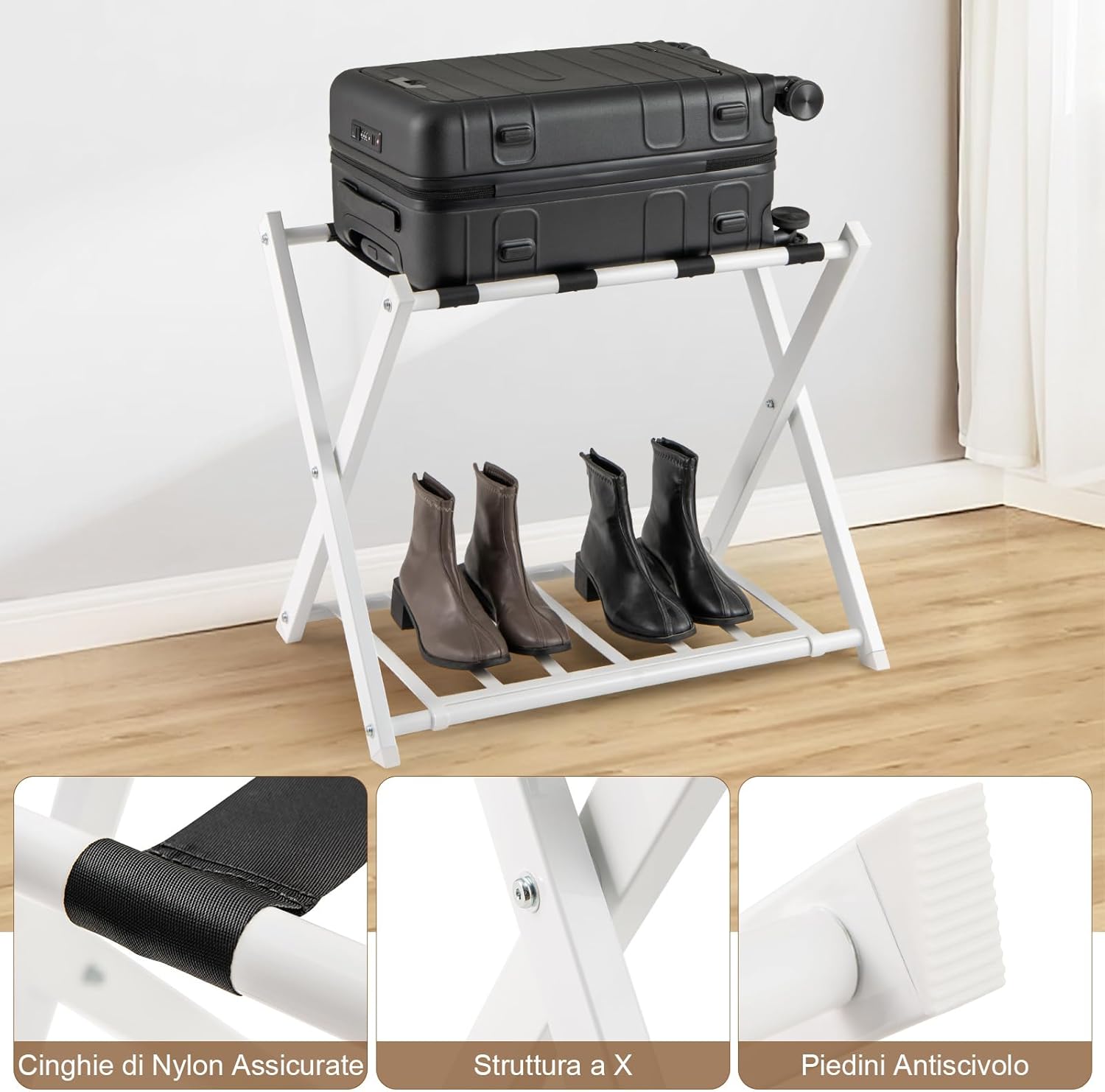 Portavaligie Pieghevole, Porta Valigie Poggia Bagaglio a 2 Ripiani, Cavalletto da Valigie, per Hotel e Viaggio, in Metallo, 68 x 43 x 56 cm (Bianco 2)