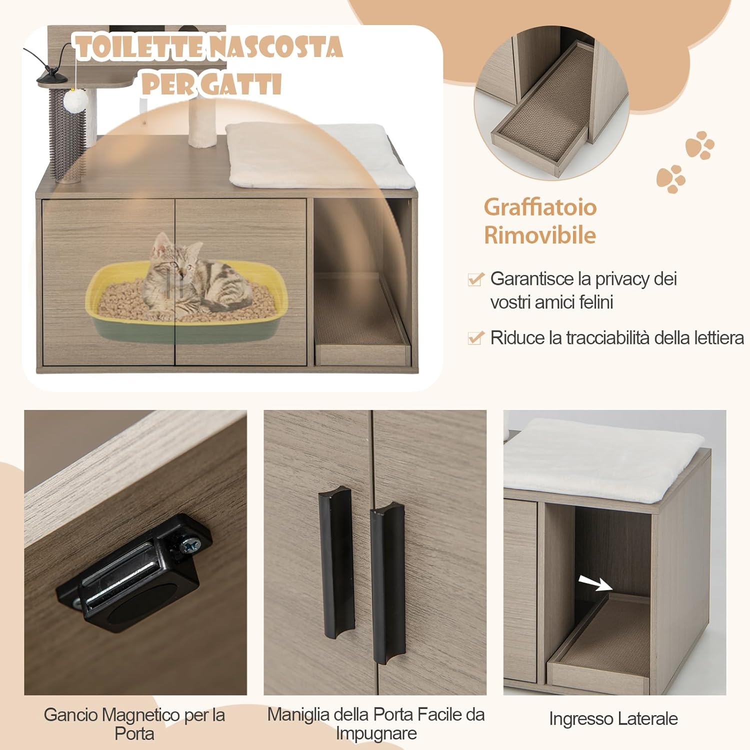 Albero per Gatti con Mobile per Lettiera, Torre per Gatti Moderna 2-in-1 con Cuccia, Piattaforma Superiore, Tiragraffi, Piattaforme Multiple e Palline