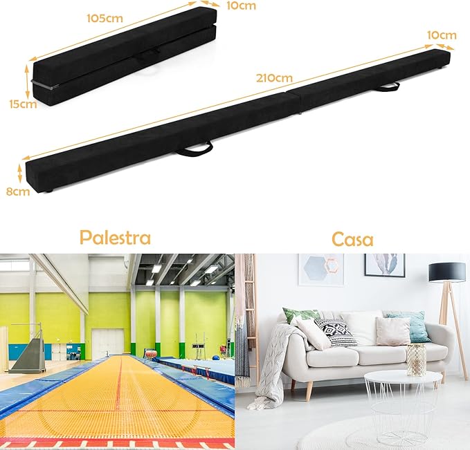 Trave da Ginnastica 210 cm Pieghevole per Bambini, Trave di Equilibrio Portatile con Maniglie, Base Solida di Legno e Parte Inferiore Antiscivolo