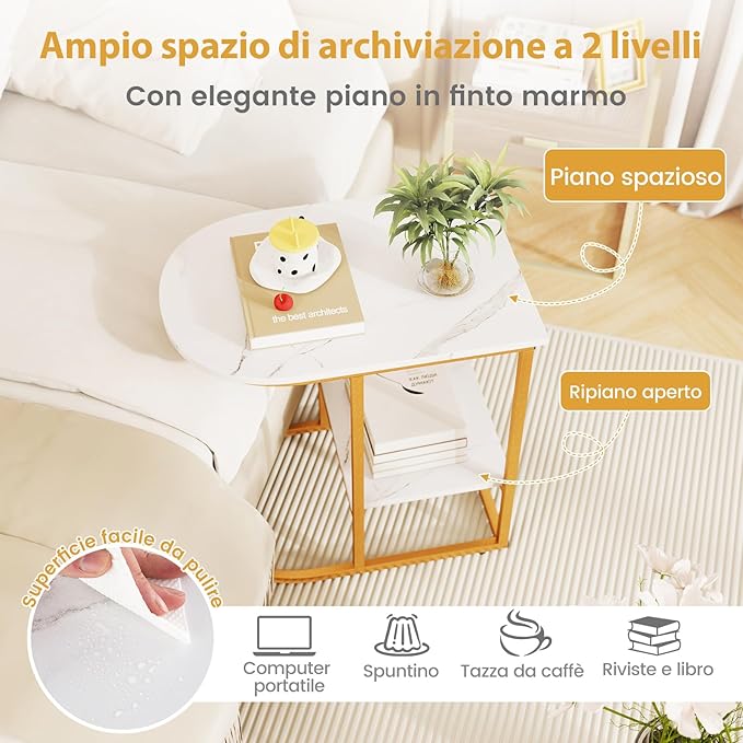 Tavolino a Forma di C, Tavolino Moderno da Divano con Piano in Marmo Finto e Mensola, Tavolo a 2 Livelli con Struttura in Metallo per Soggiorno, Camera da Letto