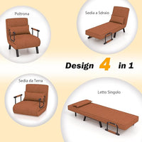 4 in 1 Poltrona Letto Singolo, Poltroncina Pieghevole con Schienale Regolabile in 6 Posizioni, Sedile Imbottito Robusto, Divano Letto per Casa Ufficio, 79x65x79 cm (Caffè)