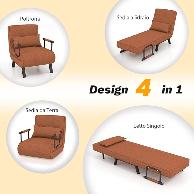 4 in 1 Poltrona Letto Singolo, Poltroncina Pieghevole con Schienale Regolabile in 6 Posizioni, Sedile Imbottito Robusto, Divano Letto per Casa Ufficio, 79x65x79 cm (Caffè)