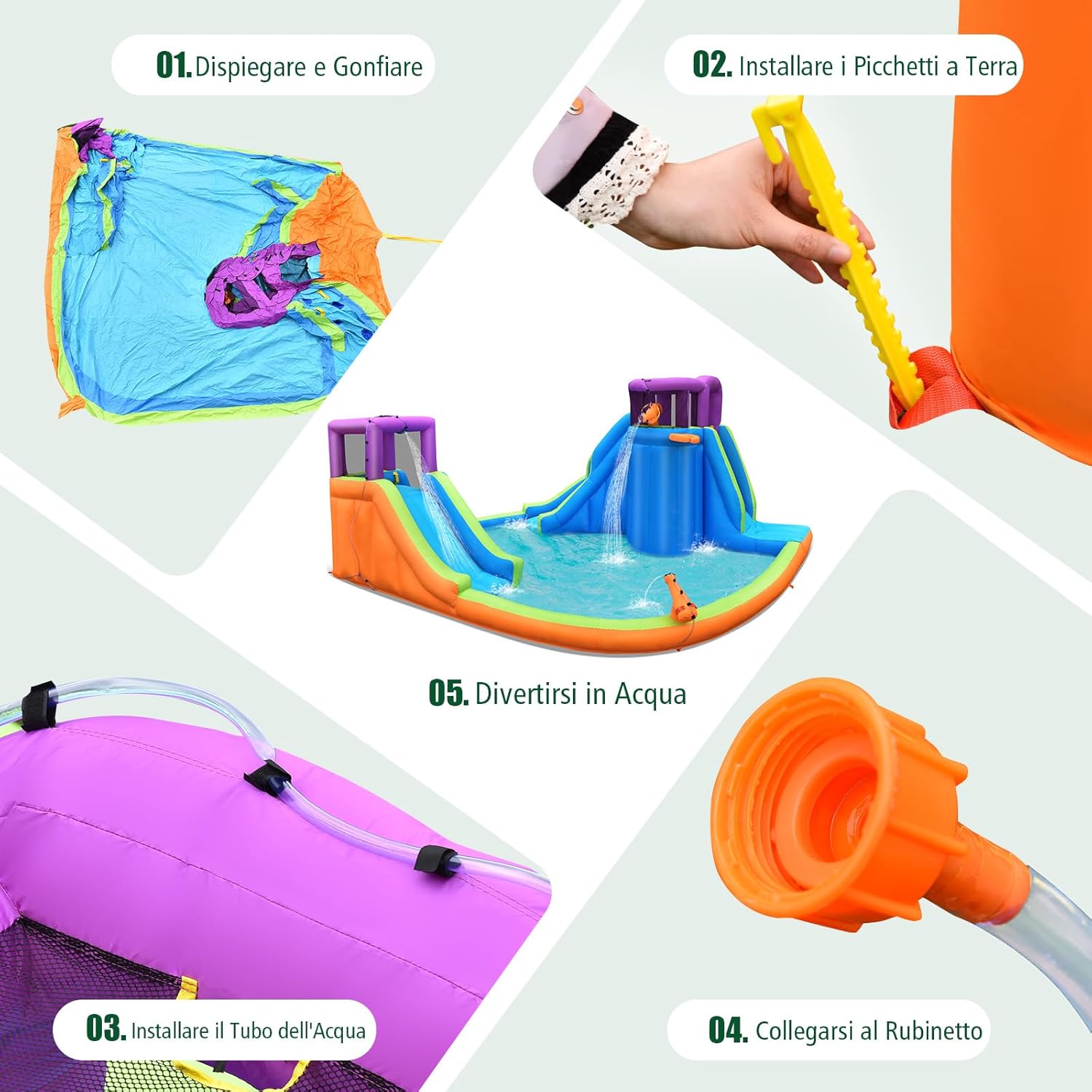 Castello Gonfiabile per Bambini con 2 Torre e Cannoni d’Acqua, Castello Gonfiabile con 2 Scivoli, Muro di Arrampicata e Canestro, Parco Acquatico per Bambini da 3+ Anni