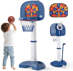 4 in 1 Pallacanestro per Bambini, Canestro da Basket Regolabile con Gioco dell'Anello, Palla Appiccicosa e Set da Golf, 53x51x100-140 cm