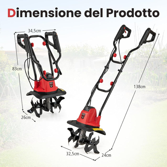 Motozappa Elettrica a Filo, Zappatrice da Giardino con Manico Ergonomico e Motore Forte, Motocoltivatore Pieghevole per Scavare Terreno del Prato (32,5 x 24 x 138 cm,Rosso)
