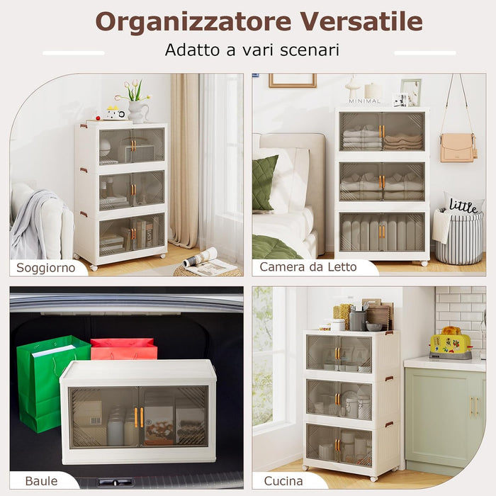 Contenitori da Stoccaggio Pieghevoli con Coperchio da 213/284 L, Scatole Impilabili a 3/4 Piani con Ruote, Organizzatore Pieghevole con Porte per Camera da Letto Soggiorno (65 x 39 x 109 cm)