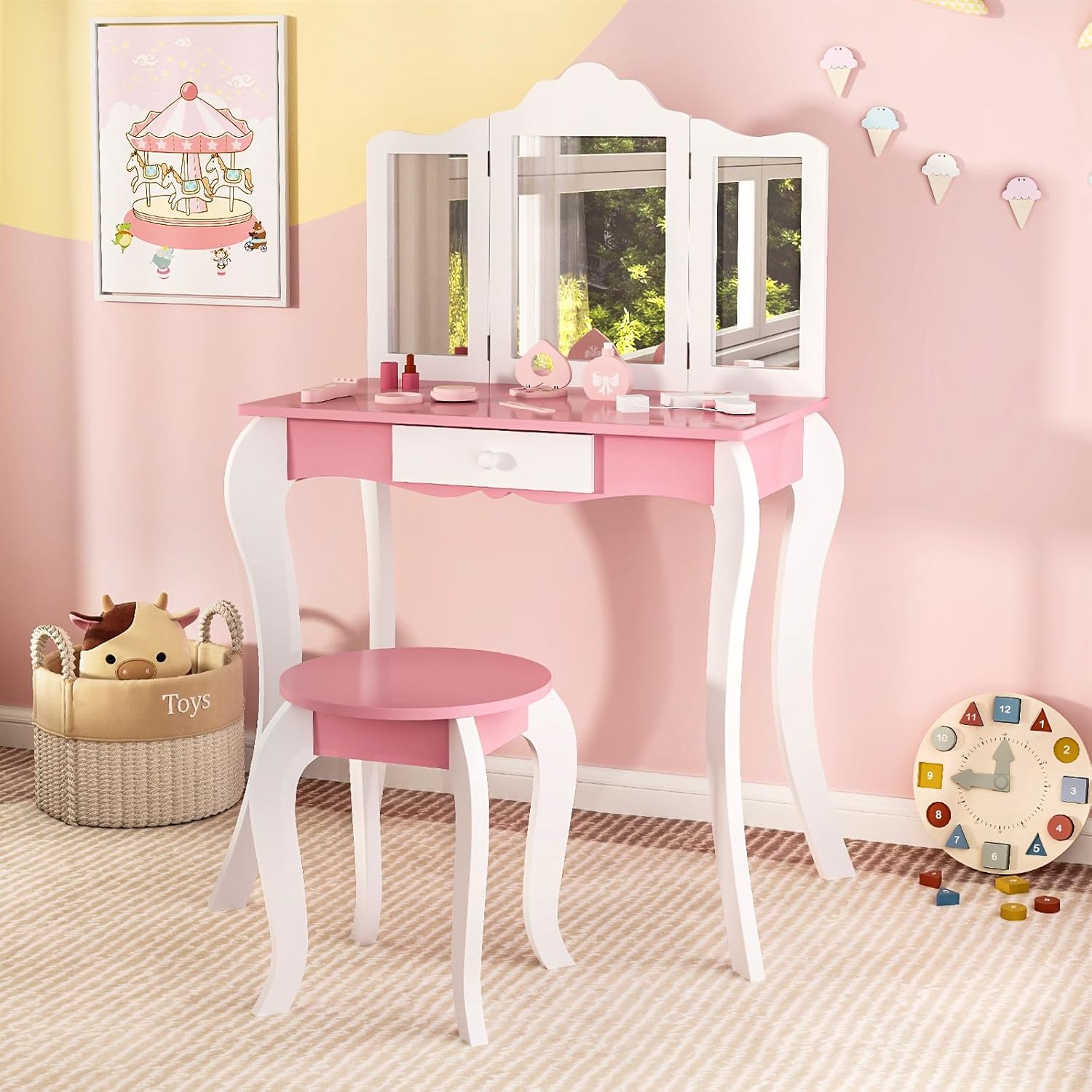 Set Toeletta da Trucco per Bambini, Toeletta Trucco con Specchio Triplo Pieghevole in Acrilico, Sgabello, Cassetto e Accessori, Bianco e Rosa