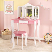 Set Toeletta da Trucco per Bambini, Toeletta Trucco con Specchio Triplo Pieghevole in Acrilico, Sgabello, Cassetto e Accessori, Bianco e Rosa