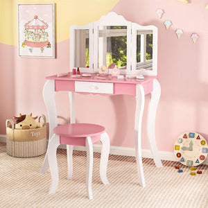 Set Toeletta da Trucco per Bambini, Toeletta Trucco con Specchio Triplo Pieghevole in Acrilico, Sgabello, Cassetto e Accessori, Bianco e Rosa