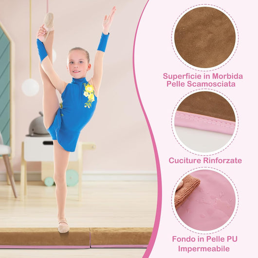 Trave da Ginnastica per Bambini Pieghevole 240 cm, Trave di Equilibrio Portatile conSuperficie in Pelle Scamosciata e Schiuma Morbida, Attrezzatura per Ginnastica a Casa
