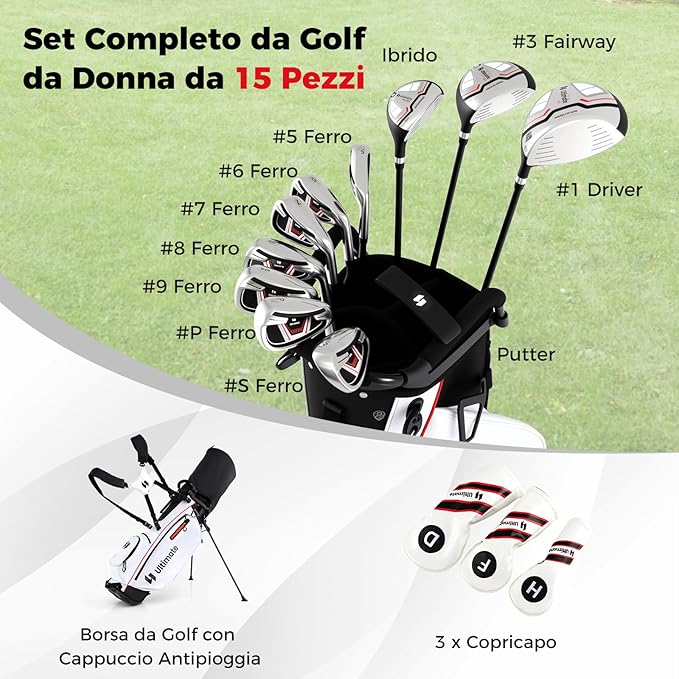 Set Completo di Mazze da Golf con Sacca a Treppiede, Include con Driver 1 da 460CC, Legno 3, Ibrido, Ferri 5, 6, 7, 8, 9, P, S, Putter e Copertura Antipioggia per Destrimani