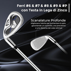 Set Completo di Mazze da Golf per Mancini da Uomo, Borsa Portatile con Supporto e Cappuccio Antipioggia, Include Driver 1 da 460CC, Fairway 3, Ibrido 4, Ferri 6, 7, 8, 9, P e Putter (Blu)