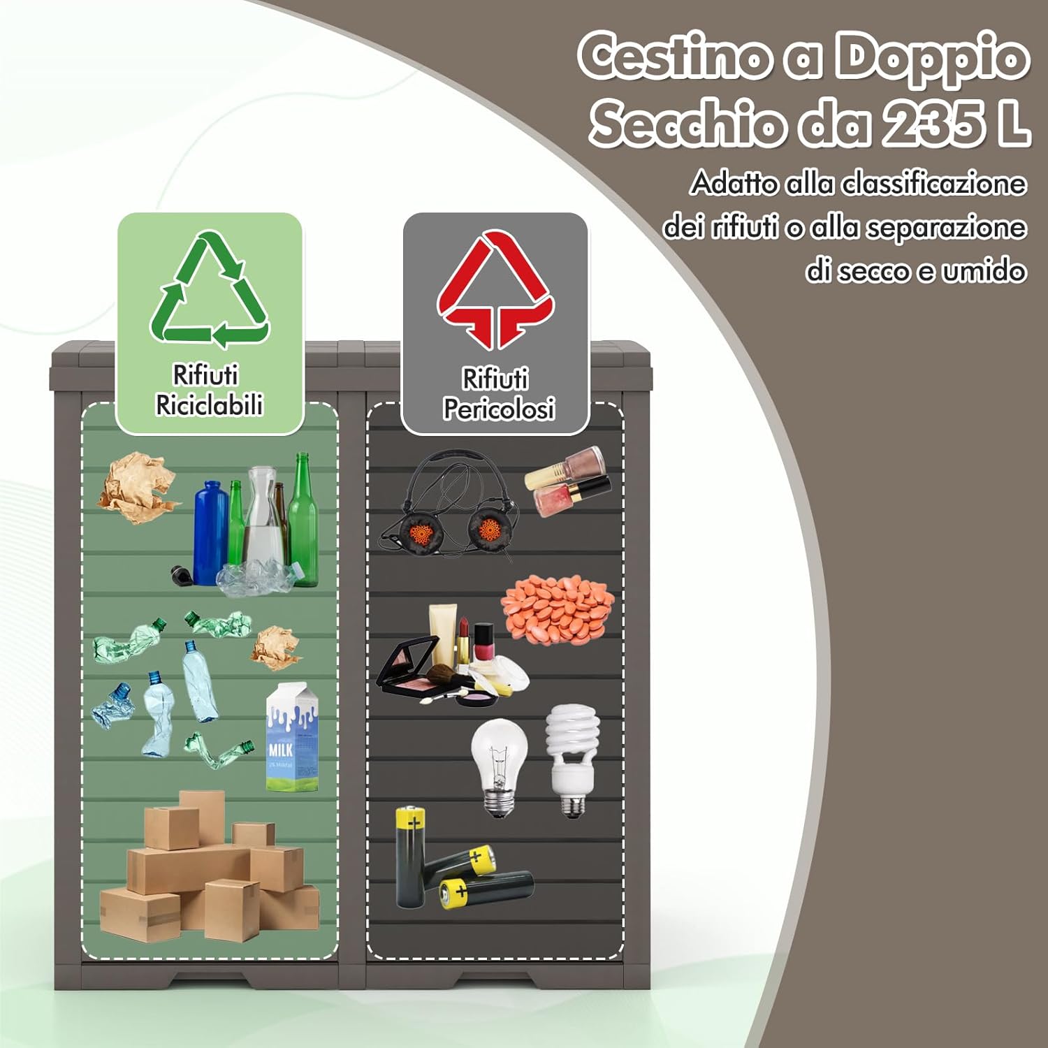 Pattumiera per Rifiuti Esterno e Interno 235 L, Contenitore per Raccolta Differenziata a Doppio Secchio Impermeabile con Coperchio, Vassoio e Maniglia, Bidone per Terrazza e Cucina (Marrone)