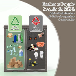 Pattumiera per Rifiuti Esterno e Interno 235 L, Contenitore per Raccolta Differenziata a Doppio Secchio Impermeabile con Coperchio, Vassoio e Maniglia, Bidone per Terrazza e Cucina (Marrone)