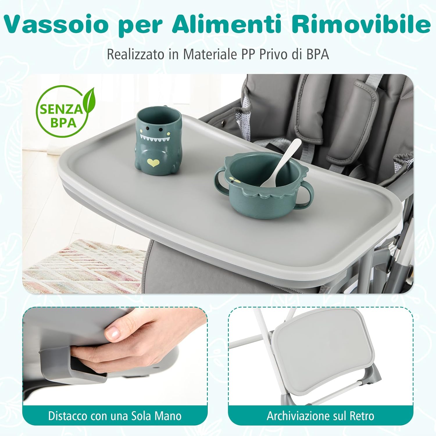 Seggiolone Pieghevole per Bambini, Portatile Regolabile con Poggiapiedi, Seggiolone con Vassoio Staccabile, Cuscino Sede in PU, Cintura di Sicurezzae Ruote Incorporate, Portata 15 kg (Grigio)