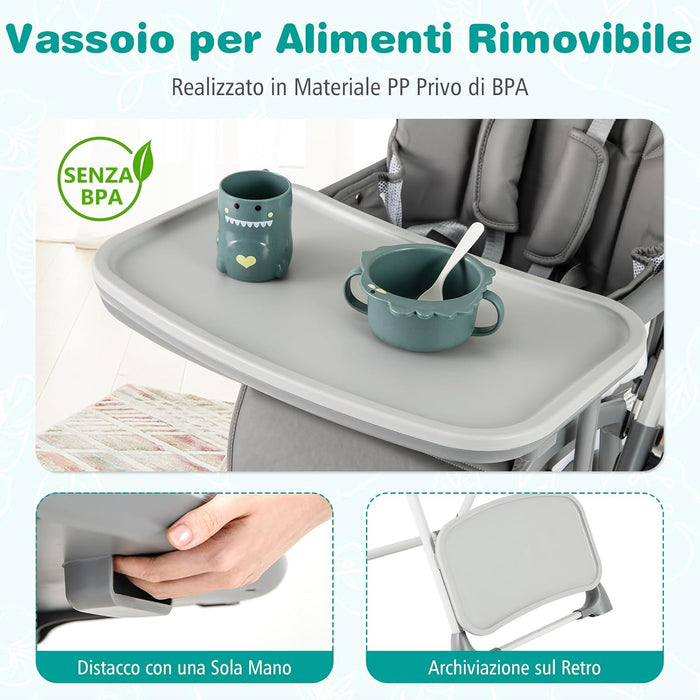 Seggiolone Pieghevole per Bambini, Portatile Regolabile con Poggiapiedi, Seggiolone con Vassoio Staccabile, Cuscino Sede in PU, Cintura di Sicurezzae Ruote Incorporate, Portata 15 kg (Grigio)