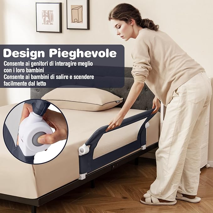 Sponda Letto per Bambini 105/120/150 cm, Barriera di Sicurezza per Neonati, Barriera Letto Pieghevole e Portatile, con Cinghia di Sicurezza (Grigio Scuro, 105 x 38 x 43 cm)