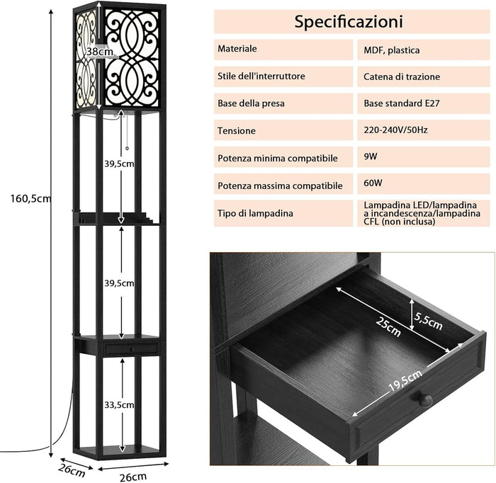 Lampada a Stelo con Ripiani e Cassetto, Lampada a Piantana Moderna con 2 Porte USB, Lampada da Terra per Salone e Camera da Letto, 26 x 26 x 160,5 cm (Modello 2)