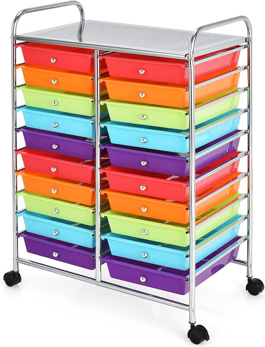 Carrello di Stoccaggio con 20 Cassetti, Carrello portaoggetti con 4 Ruote, Carrello Multiuso per Scuola Ufficio Cucina, 64 x 39 x 88 cm (Colorato)