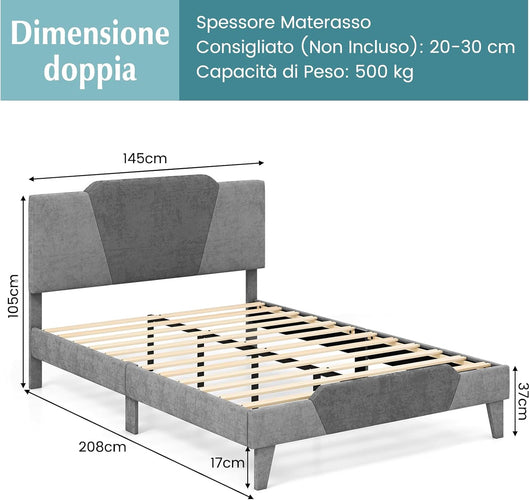 Letto con Struttura Imbottita in Velluto, Telaio da Letto con Doghe in Legno Massello e Testiera, 140 x 200 cm, Carico Massimo 500kg