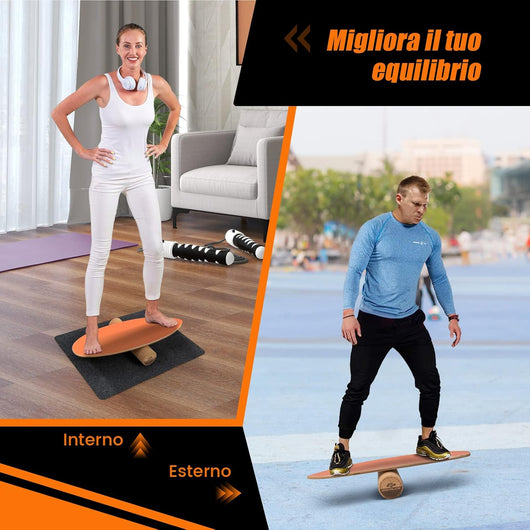 Balance Board in Legno, Tavola di Equilibrio con Rullo e Tappetino per Allenamento Skateboard Hockey Snowboard Surfing, Attrezzi 3 in 1 per Esercizi Equilibrio e Tonificazione Core (Arancione)