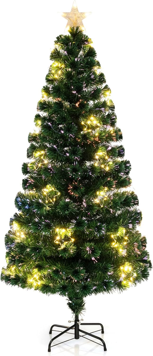 Albero di Natale in Fibra Ottica 150/180 cm, Albero di Natale Artificiale Pre-illuminato con 24/36 Luci a Stringa, Stella sulla Cima e 170/230 Punte dei Rami, Decorazione per Feste (180 CM)