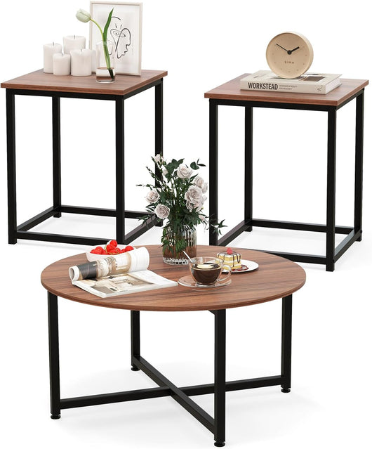 Set di Tavolini da Caffè 3 Pezzi, Tavolino Rotondo e 2 Tavolini Quadrati con Struttura Metallica Robusta, Set di Tavoli da Salotto Moderni 3 Pezzi (Noce)