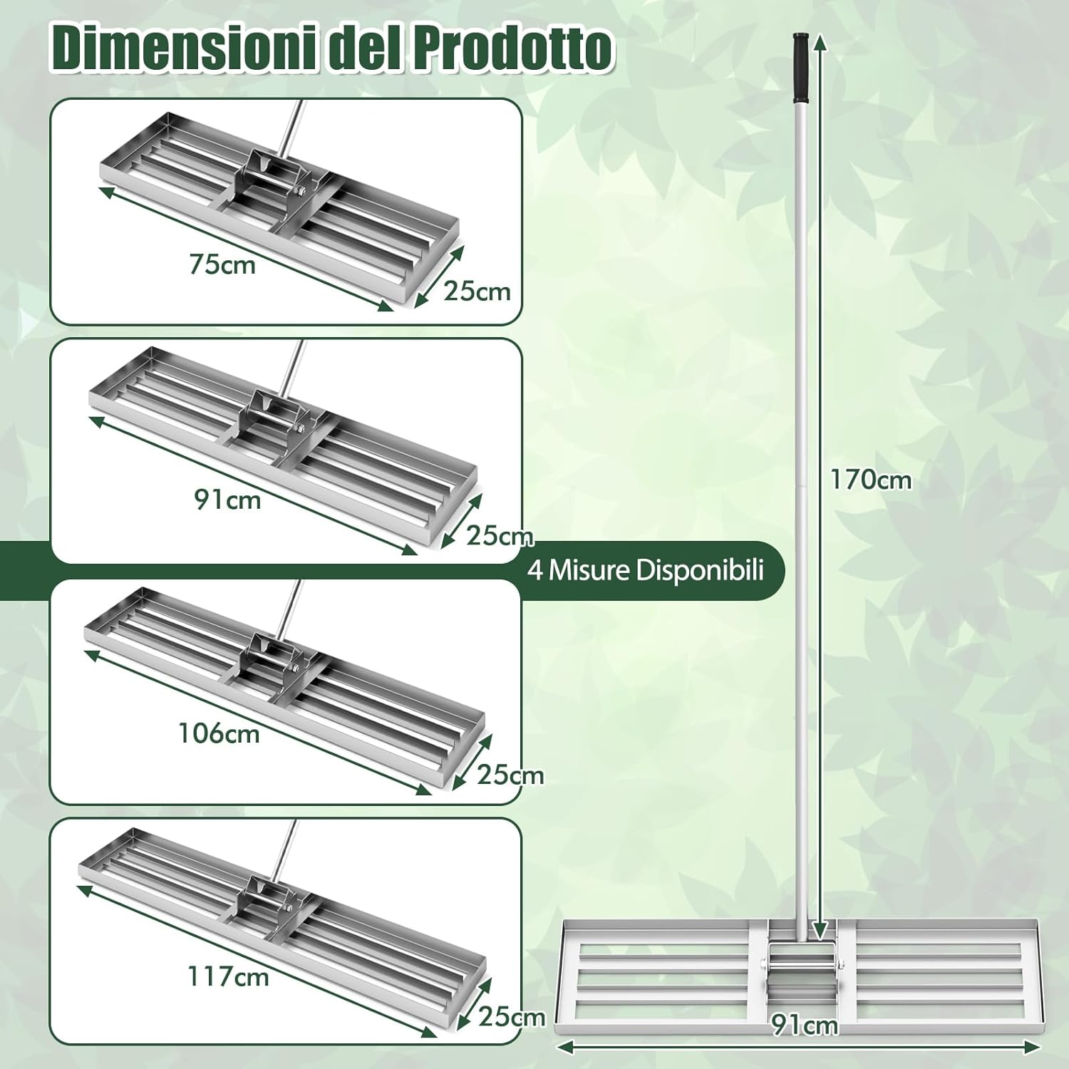Rastrello Livellatore per Prato, Attrezzo per la Livellatura del Prato con Manico Ergonomico, Livellatrice per Giardino, Cortile, Campo da Golf, Fattoria e Pascolo (Argento 91 x 25 cm)