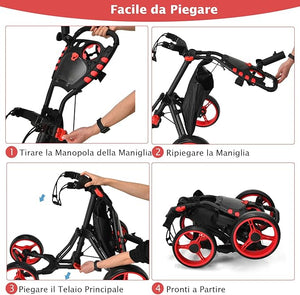 Carrello da Golf a Spinta e a Trazione, Carrello Golf Pieghevole Leggero a 4 Ruote con Borsa Impermeabile, Freno a Pedale, Porta Tazza e Porta Ombrello Regolabile