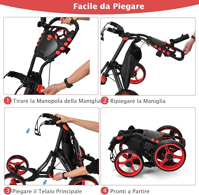 Carrello da Golf a Spinta e a Trazione, Carrello Golf Pieghevole Leggero a 4 Ruote con Borsa Impermeabile, Freno a Pedale, Porta Tazza e Porta Ombrello Regolabile