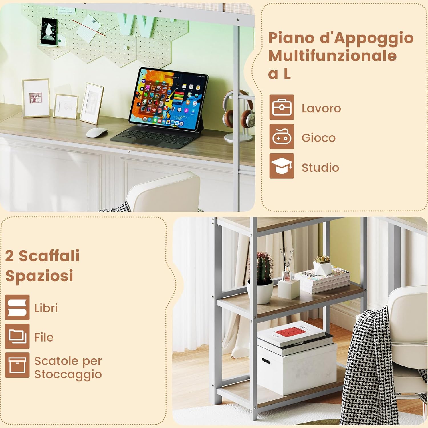 Letto a Soppalco 90 x 200 cm con Scrivania Sotto, Letto a Castello con Luce LED e Stazione di Ricarica, Letto Rialzato Struttura in Ferro con 2 Ripiani per Ragazzi e Ragazze (Argento)